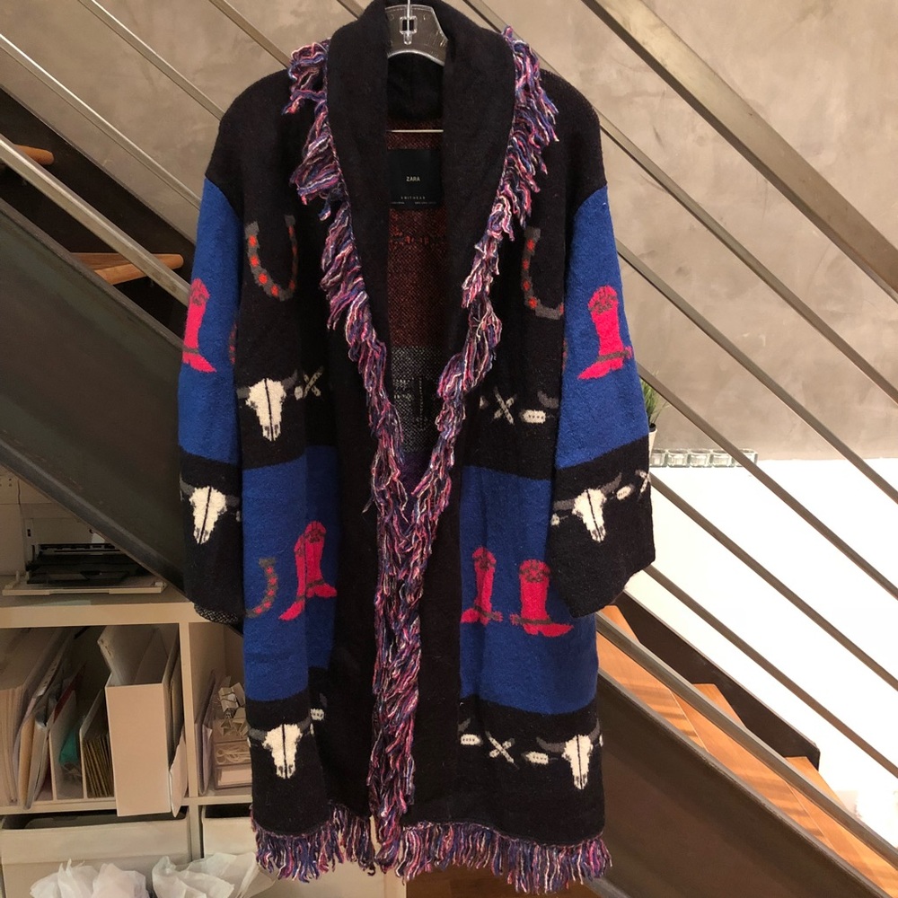 Zara western oversize knit fringe cardigan S